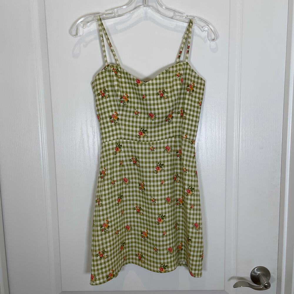 Reformation Roarke Floral‎ Check Mini Sun Dress Green Gingham Sweetheart Linen 2 - Picture 2 of 5